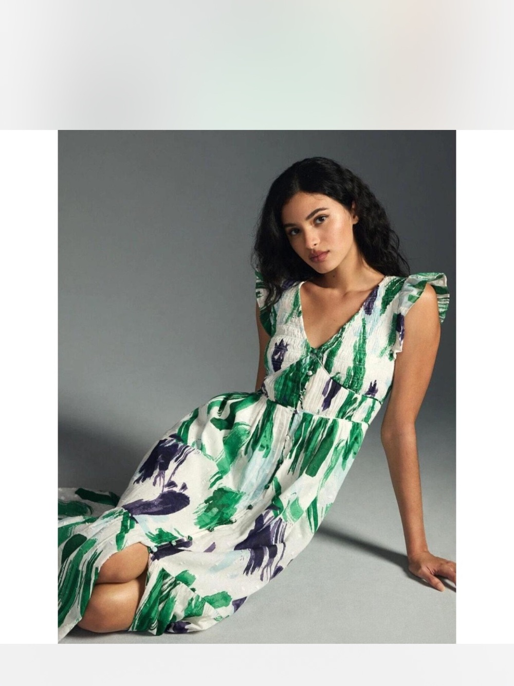 Anthropologie White, Green & Purple Painterly Midi Dress
